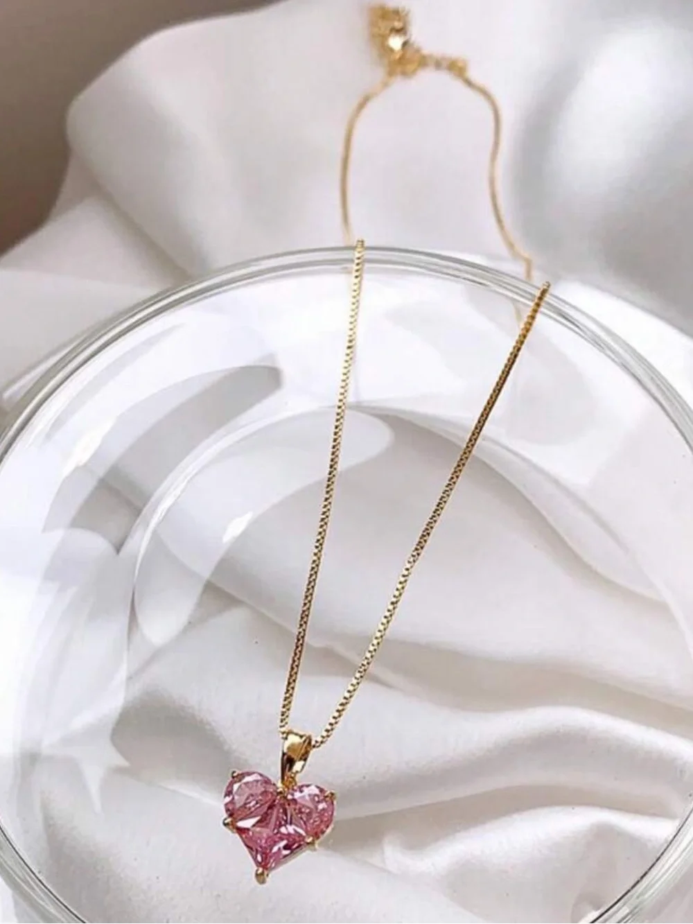 Gold Heart Pendant Necklace with Pink Gem - Women Jewelry